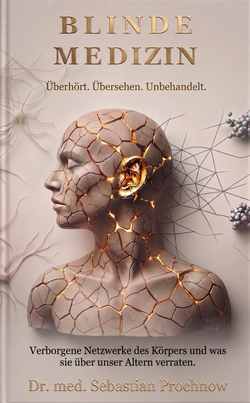 Buchcover „Blinde Medizin“: steinerne Büste im Profil, durchzogen von goldenen Rissen